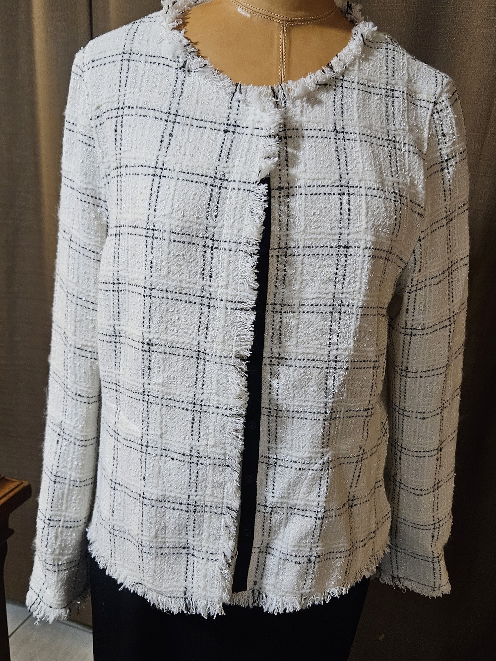 Akris Punto White and Black Plaid Tweed Fringe Jacket